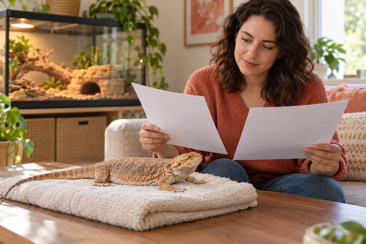 Bearded-dragon-like lizard on a towel beside an owner comparing papers