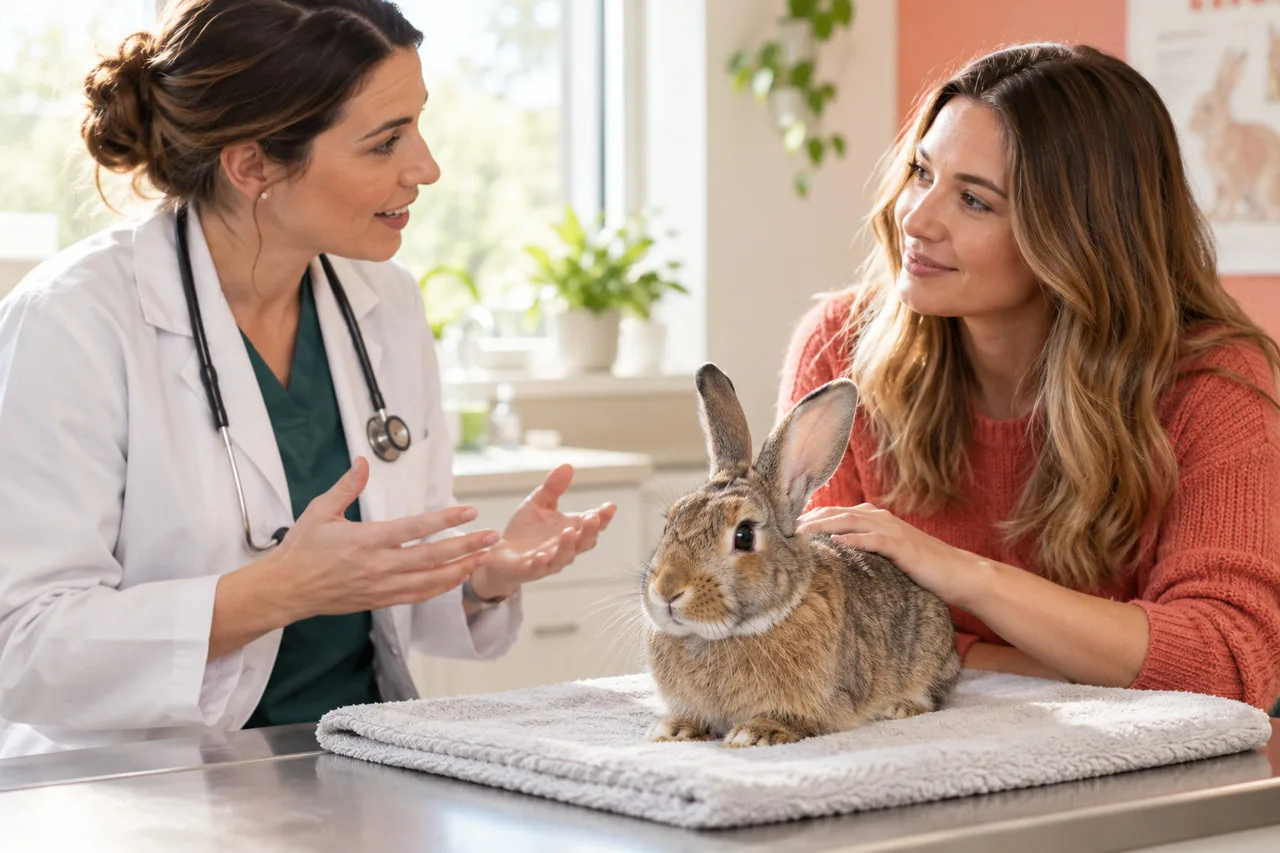 Rabbit between an owner and veterinarian during a consultation